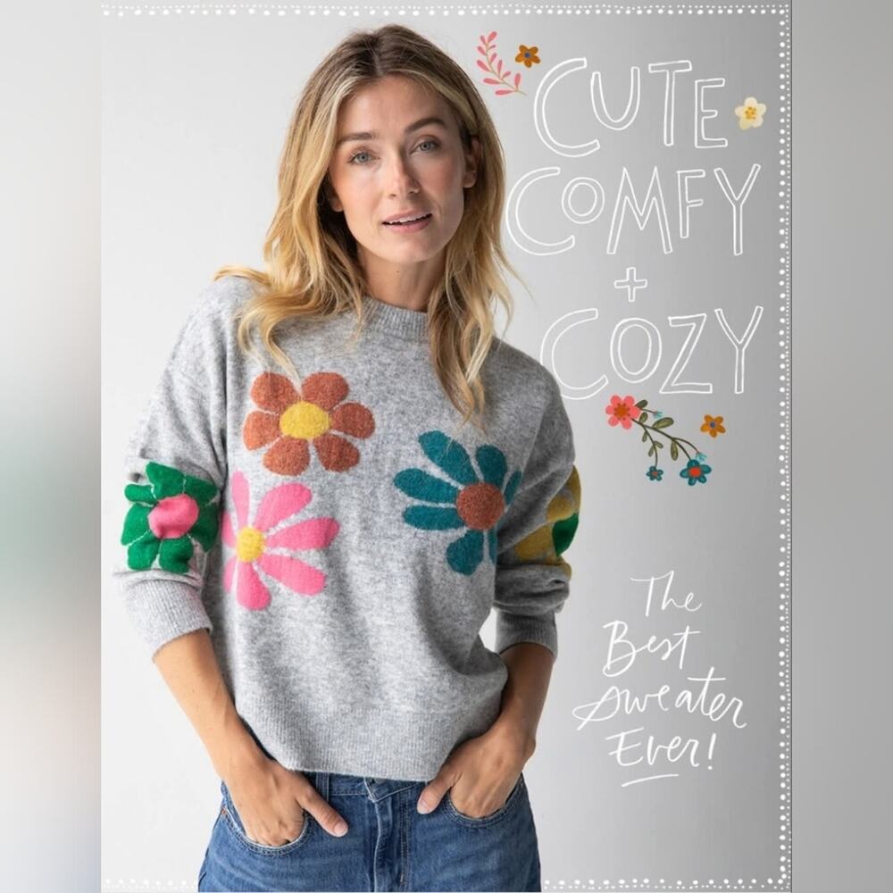 Natural Life Everyone’s Favorite Sweater XS Ash Flower Intarsia Daisy Whimsical